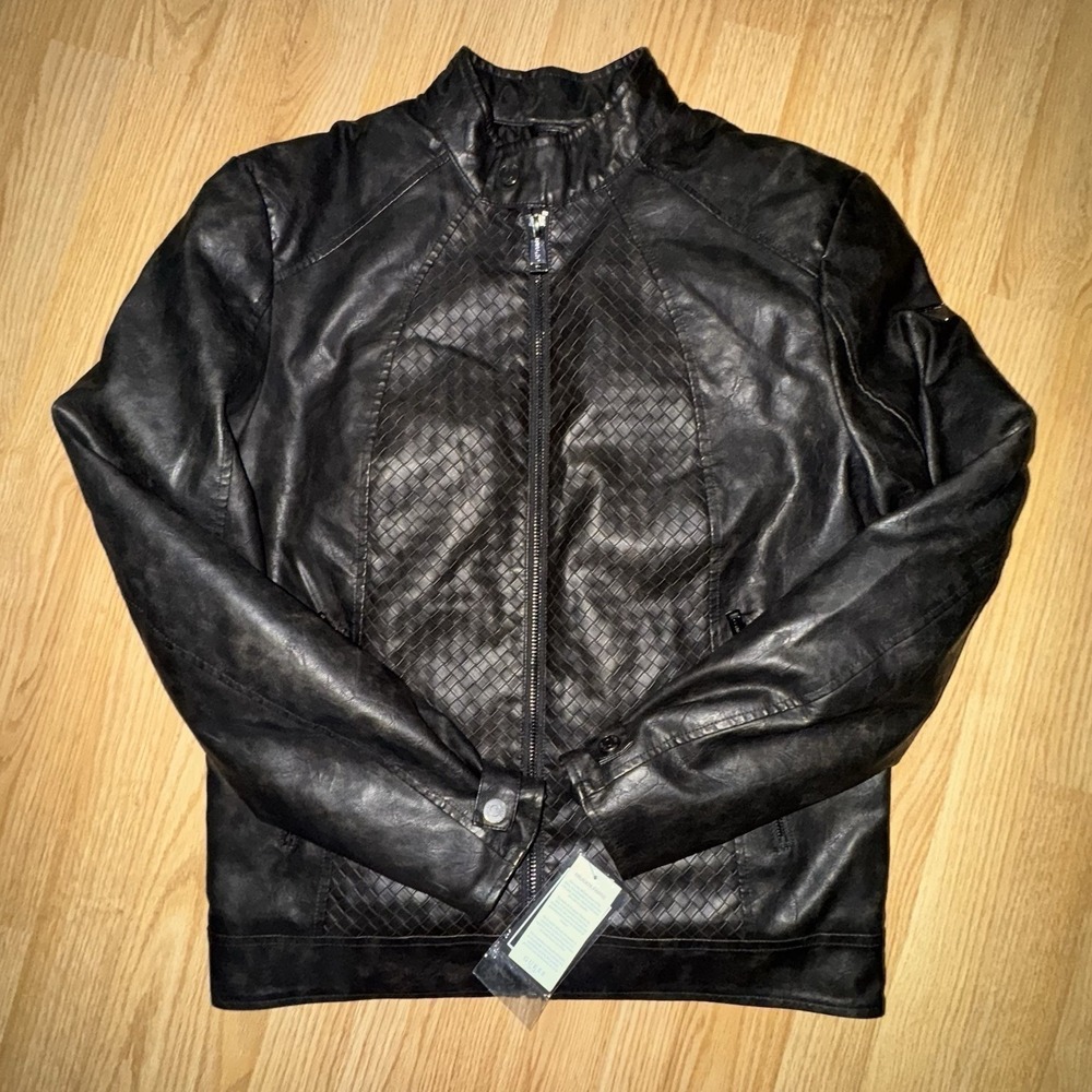 Guess Motorcycle Jacket Mens M Black LA Faux Leather Brad Braid Biker $175